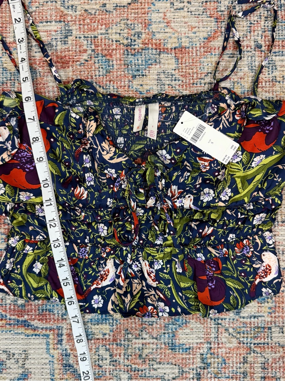 Anthropologie Lyrebird Floral Tie Front Crop Top Blue Boho Blouse Size S - Picture 9 of 13